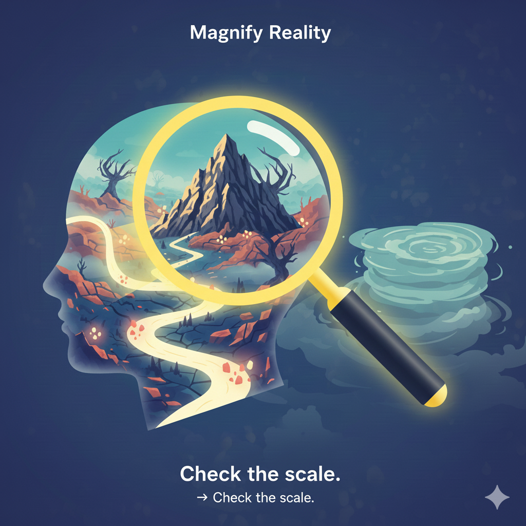 Magnification Minimization (Catastrophizing)
Visual concept Portrait beside a giant magnifying glass exaggeratedly enlarging a tiny scratch into a mountain; on the other side the magnifier reveals how small things actually are. Navy background with yellow rim on the glass.
Prompt “…show a magnifying glass that inflates a tiny mark into a mountain, with a reverse view showing proportion. Soft hopeful tone, high-detail glass reflections.”
Overlay text Magnify Reality → Check the scale.